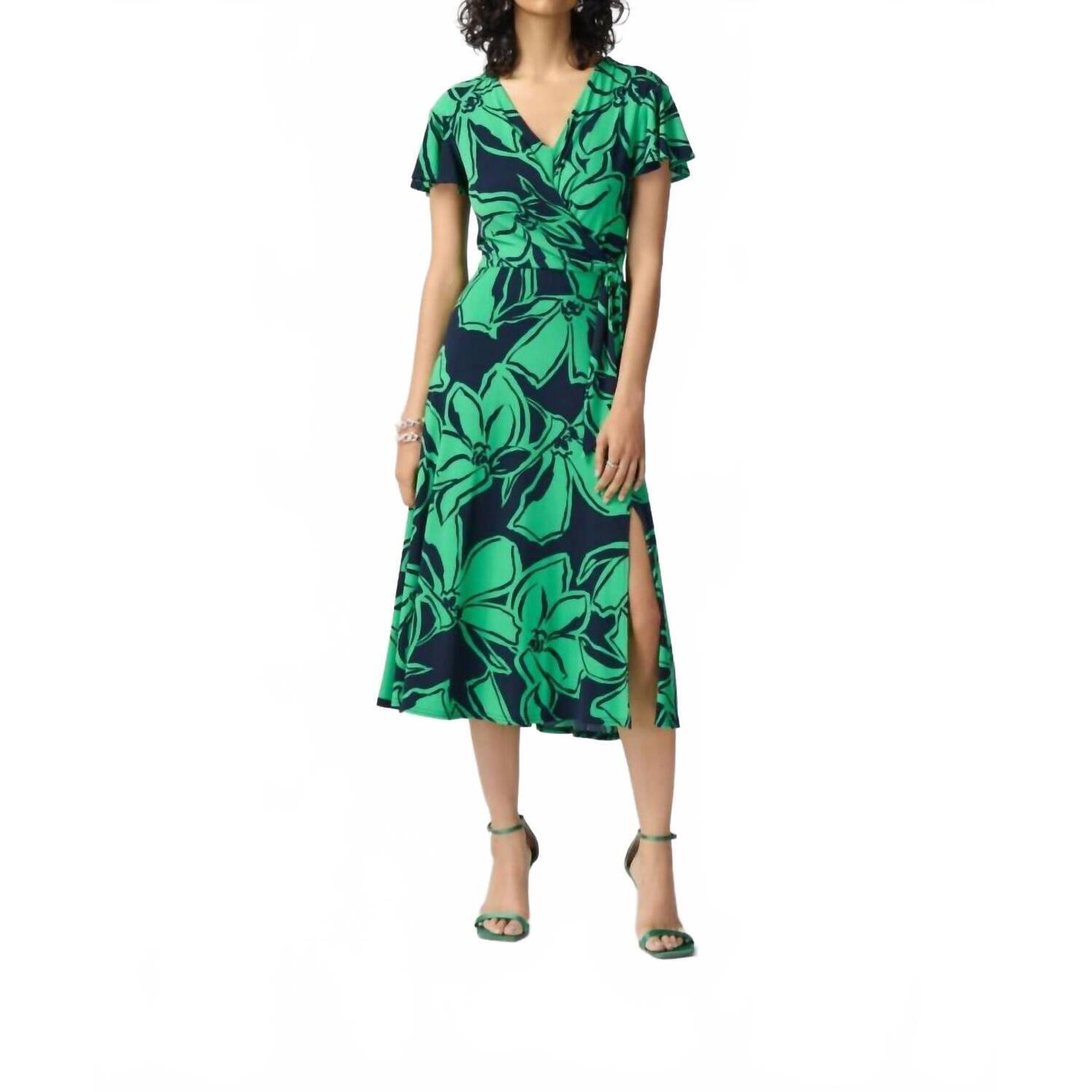 New Joseph Ribkoff Floral Print Faux Wrap Flowy Midi Dress In Midnight Blue/Gree